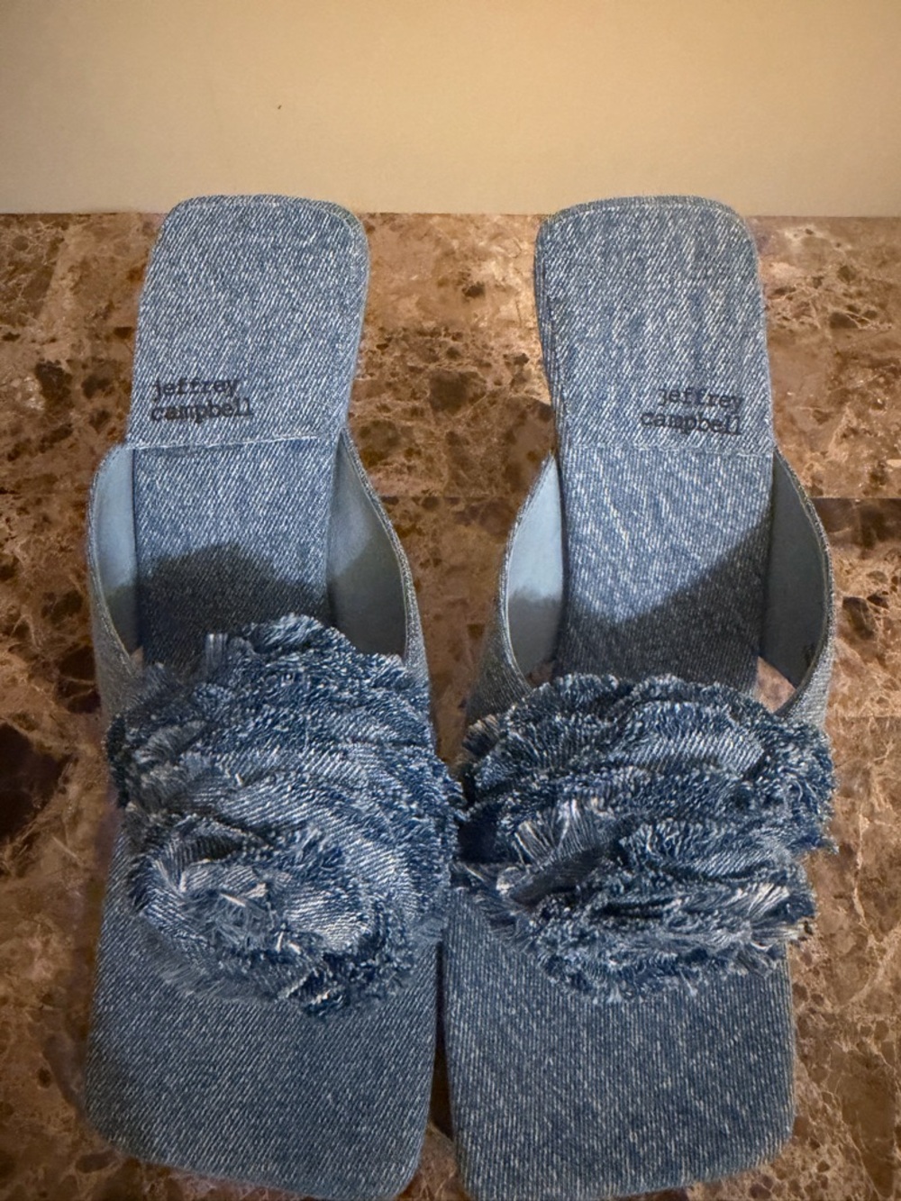 Jeffrey Campbell beautiful Denim Frayed Flower Mules - Blue sandals NWOT